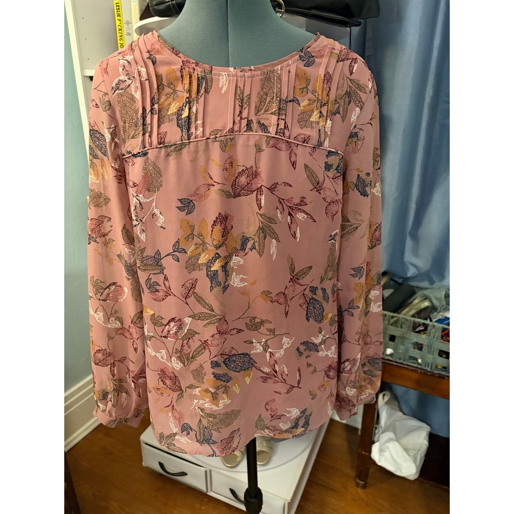 Christopher & Banks Blouse S Pink Floral Long Sleeve Pleated Boho Autumn Fall